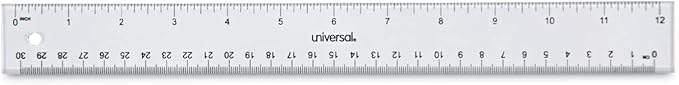 Universal Clear Plastic Ruler, Standard/Metric, 12" Long, 1/16 Graduations, 1 Count