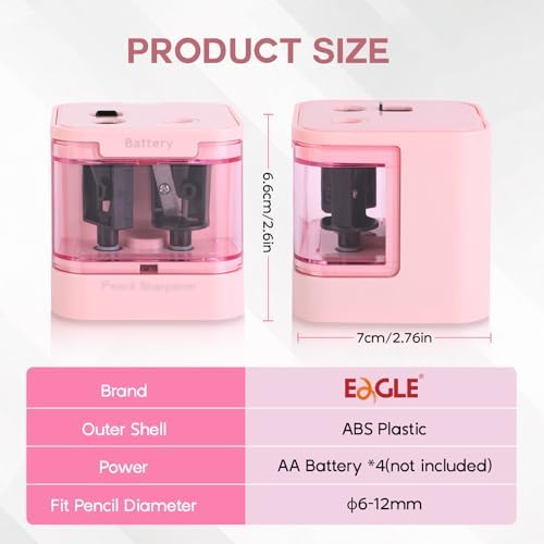 Eagle Electric Pencil Sharpener, Dual Holes, Battery Powered for School/Office/Art, 5s Fast Sharpening, Portable w/Large Shaving Tray & Replaceable Blades, for 6-12 mm Pencils(Pink)