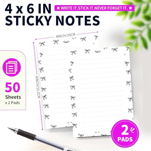 Lined Sticky Notes 4x6 in, 2 Pack Large Cute Notepads with Lines Self-Stick Note Pad, Funny Memo Pads Strong Adhesive for Office, Home Black Cute Small Bowtie