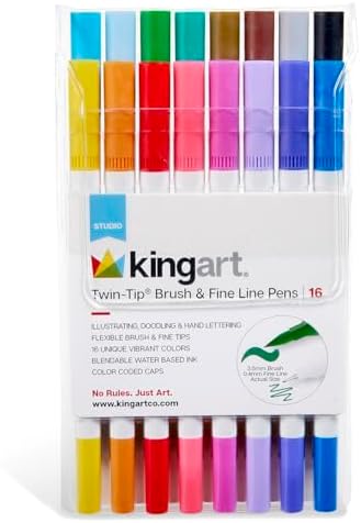 KINGART 16 Double Tip Brush Pens Art Markers, Artist Fine & Brush Pen Coloring Markers for Adult Book Cards Drawing Craft Kit Teacher Office Supplies