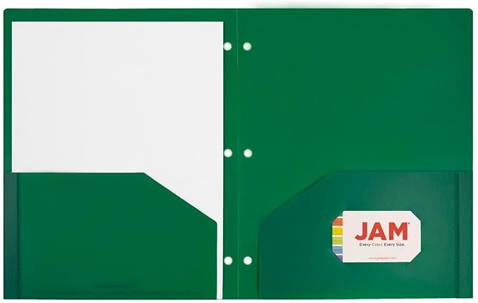 JAM PAPER Heavy Duty Plastic 3 Hole Punch Pocket Folders - Extra Tough School Folders - Green - 24/Pack