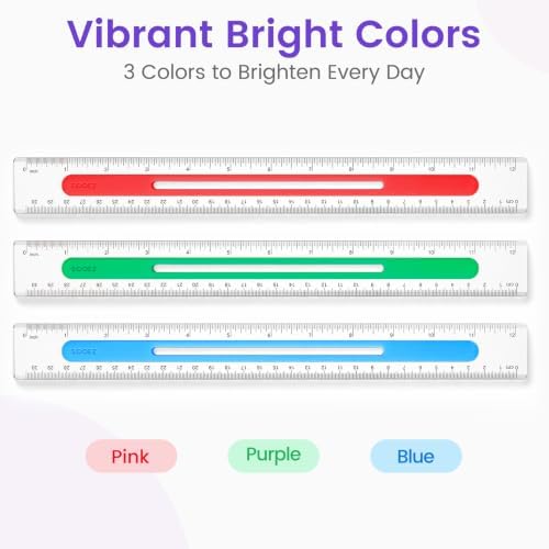 Sooez 3 Pack Ruler 12 Inch, Anti-Slip Clear Rulers for Kids School, Classic