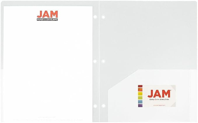 JAM PAPER Heavy Duty Plastic 3 Hole Punch Pocket Folders - Extra Tough School Folders - Clear - 12/Pack
