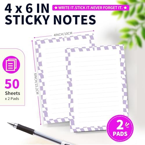 Lined Sticky Notes 4x6 in, 2 Pack Large Cute Notepads with Lines Self-Stick Note Pad, Funny Memo Pads Strong Adhesive for Office, Home Blue Curve Plaid