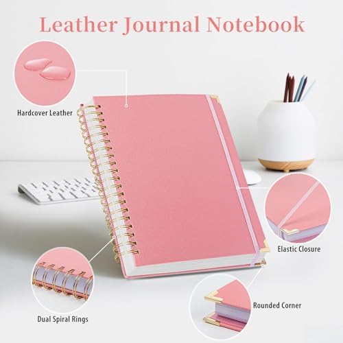 Hardcover Leather Spiral Notebook 8.5" x 11" with Removable Dividers, 300 Pages 5 Subject College Ruled Notebook for Work with Tabs, A4 Spiral Journal for Women Men, School Students Note Taking, Pink