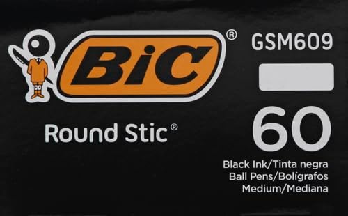 BIC Round Stic Xtra Life Ballpoint Pens, Medium Point (1.0mm), Black, 60-Count Pack, Flexible Round Barrel For Writing Comfort (GSM609-BLK) 60 Count (Pack of 2)