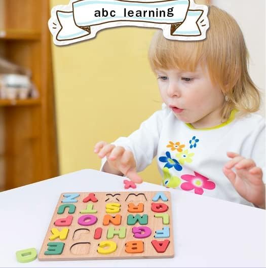 Attmu Wooden Puzzles for Toddlers, 3 Pcs Alphabet Puzzle ABC Shape Number Puzzle, Learning Toys for Kids, Preschool Educational Activities Toddler Gift Toys for Girls Boys Christmas Valentines Easter