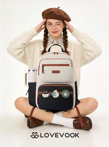 LOVEVOOK School Backpack for Teen Girls,Women Laptop Backpack with Water Bottle Holder,Lightweight Work Bag College Bookbag,Teacher Nurse bag,Beige-Black-Brown