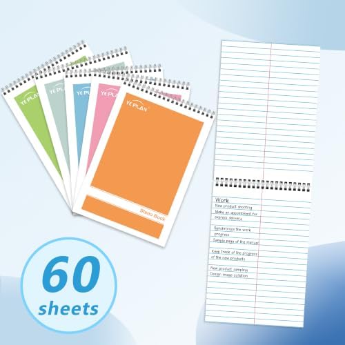 Yeplan Top Spiral Notebook 6x9 10 Pack, Steno Pads Spiral Notebooks with Gregg Ruled White Paper, Notebooks & Writing Pads for School, College, Work, Office, Home, 60 Sheets, 5 Assorted Colors