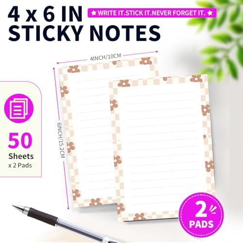 Lined Sticky Notes 4x6 in, 2 Pack Large Cute Notepads with Lines Self-Stick Note Pad, Funny Memo Pads Strong Adhesive for Office, Home Cute Plaid Flowers