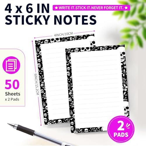 Lined Sticky Notes 4x6 in, 2 Pack Large Cute Notepads with Lines Self-Stick Note Pad, Funny Memo Pads Strong Adhesive for Office, Home Black White Skulls