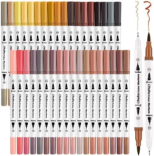 Ohuhu Skin Tone Markers 36 Colors: Dual Tip Brush and Fineliner Markers for Adult Coloring Water Based Art Skintone Marker Pens Set for Portrait Drawing Lettering Writing Calligraphy Journaling - Maui