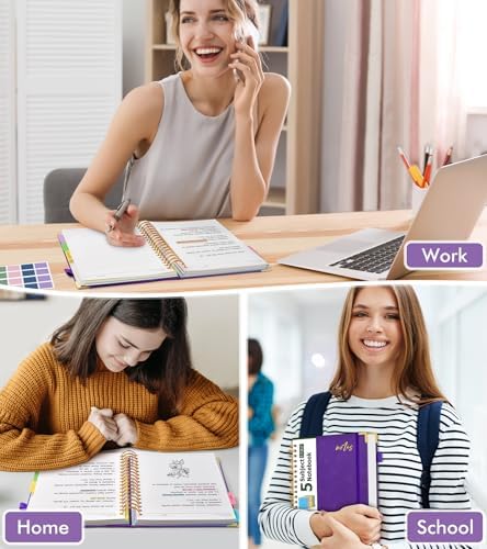 PAPEJOON Hardcover Spiral Notebook Journal with Removable Dividers Tabs, 300 Pages Organizer Notebooks for Work School, Leather 5 Subject Notebook College Ruled, Small Lined Journal for Women,Purple
