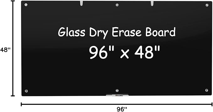 Large Black Glass Dry Erase Board, 96 x 48 Inches Magnetic Glass whiteboard,8' x 4' Frameless Blackboard for Office, Home, School