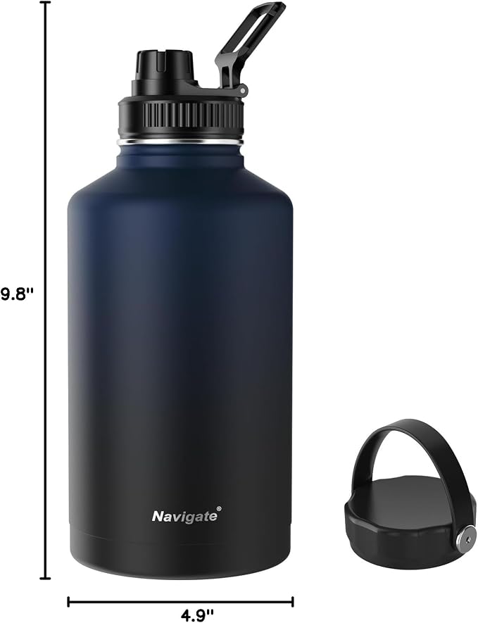 Navigate 64oz Insulated Water Bottle for Sports, Keep Cold 24H | 2-in-1 Spout and Handle Lids, Double Leak-Proof, 18/8 Stainless Steel, BPA-Free, Wide Mouth for Hiking,Blue to Black