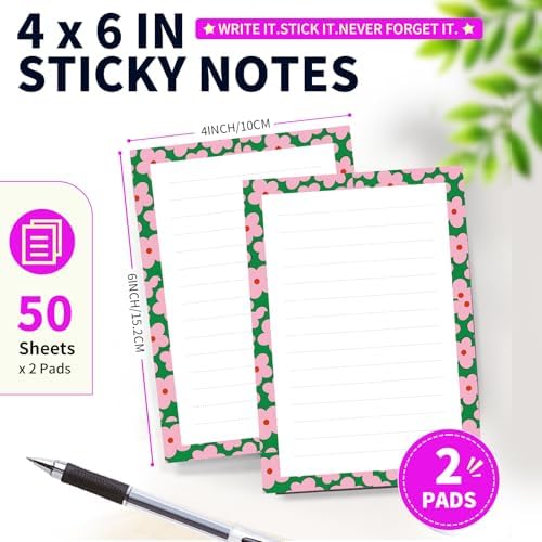 Lined Sticky Notes 4x6 in, 2 Pack Large Cute Notepads with Lines Self-Stick Note Pad, Funny Memo Pads Strong Adhesive for Office, Home Pink Cute Small Flowers