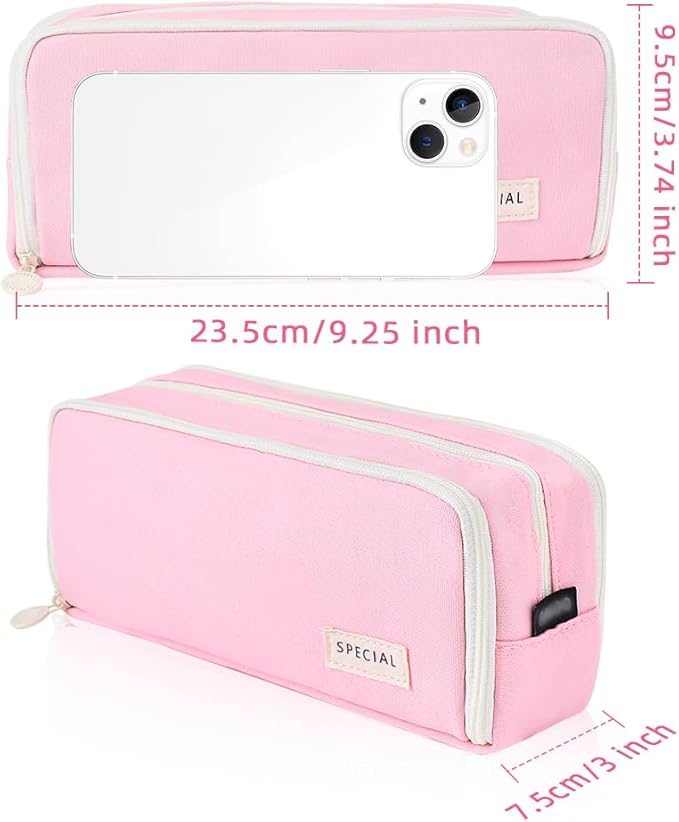 iSuperb 3 Compartments Pencil Case Pouch Big Capacity Pencil Holder for Kids Teen Girls Boys Student School Supplies Oxford Stationery Storage Cosmetic Case (Pink)