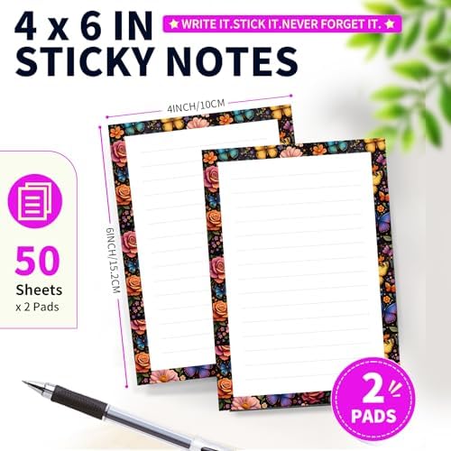 Lined Sticky Notes 4x6 in, 2 Pack Large Cute Notepads with Lines Self-Stick Note Pad, Funny Memo Pads Strong Adhesive for Office, Home Colorful Flower Butterfly