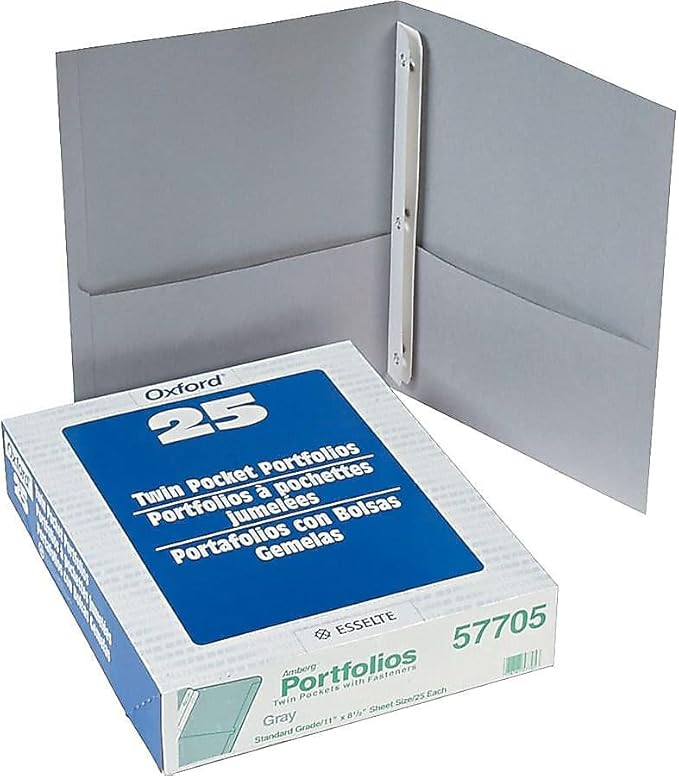 Oxford Two-Pocket Folders w/Fasteners, Gray, Letter Size, 25 per Box (57705)