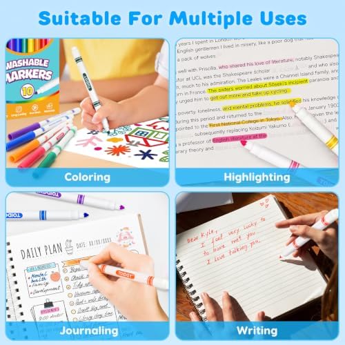 12 Pack Washable Markers Bulk with 10 Colors for Kids, School Supplies