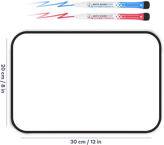 Small Dry Erase White Board for Kids & Students, 12"x 8" Handheld Double-Sided Mini Writing Board | School Home Office Use | 2 Magnetic Marker Pens Included