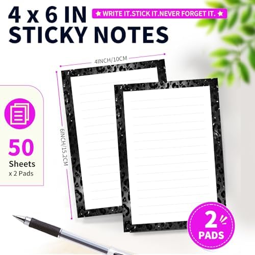 Lined Sticky Notes 4x6 in, 2 Pack Large Cute Notepads with Lines Self-Stick Note Pad, Funny Memo Pads Strong Adhesive for Office, Home Glitter Black Leopard