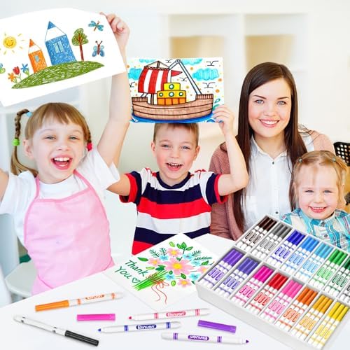 Ellinjan 256 Count Washable Markers Bulk, 16 Assorted Colors, Colored Thin Marker with Conical Tip, Washable Markers for Kids, Bulk Marker for Classroom, School Art Supplies for Students Teachers