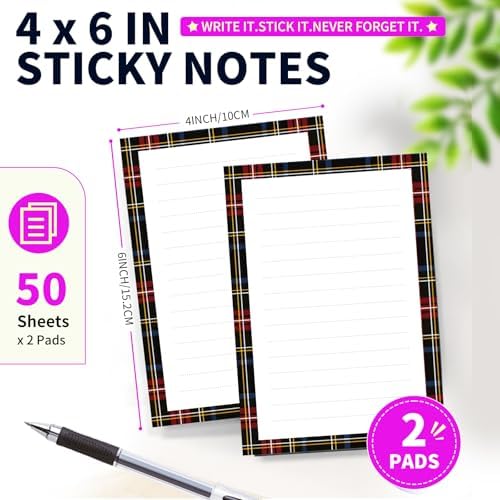 Lined Sticky Notes 4x6 in, 2 Pack Large Cute Notepads with Lines Self-Stick Note Pad, Funny Memo Pads Strong Adhesive for Office, Home Luxury Plaid