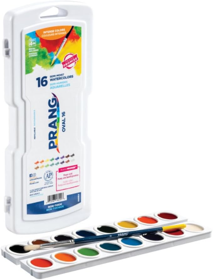 Prang Semi-Moist Watercolors 16-Color Refillable Oval Pan Set with Size 6 Paintbrush, Class Pack of 6