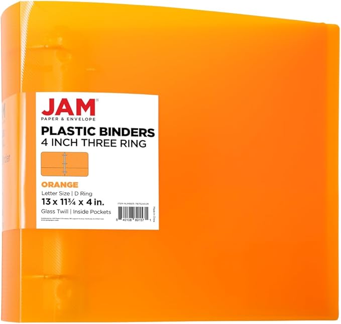 JAM PAPER Plastic 4 inch Binder - Orange 3 Ring Binder - Sold Individually