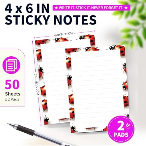 Lined Sticky Notes 4x6 in, 2 Pack Large Cute Notepads with Lines Self-Stick Note Pad, Funny Memo Pads Strong Adhesive for Office, Home Cute Ladybirds