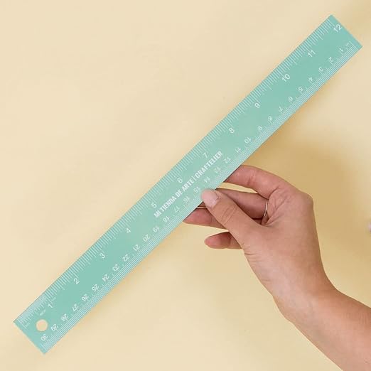 Craftelier - 30 cm (12") Metal Ruler | Turquoise Colour with White Numbers | Cork Base and Stainless Steel Construction - Centimetre and Inch Measurements