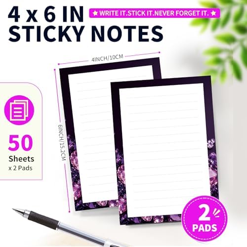 Lined Sticky Notes 4x6 in, 2 Pack Large Cute Notepads with Lines Self-Stick Note Pad, Funny Memo Pads Strong Adhesive for Office, Home Purple Glitter Diamond