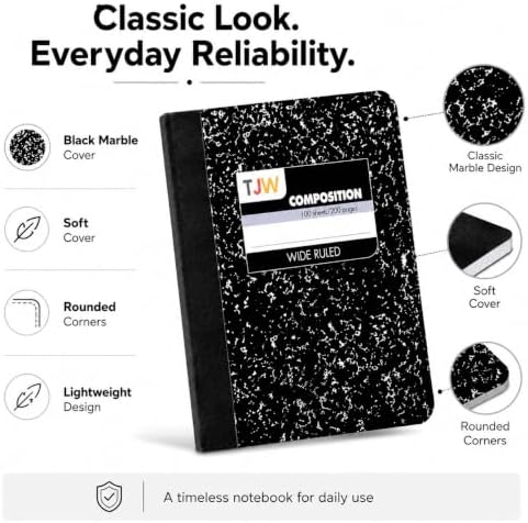 Composition Notebook, Wide Ruled, 100 Sheets, 9.75" x 7.5", Black Marble, Writing Journal for Students, Durable Cover, K-12 & College School Supplies, Black Theme (Pack of 1)
