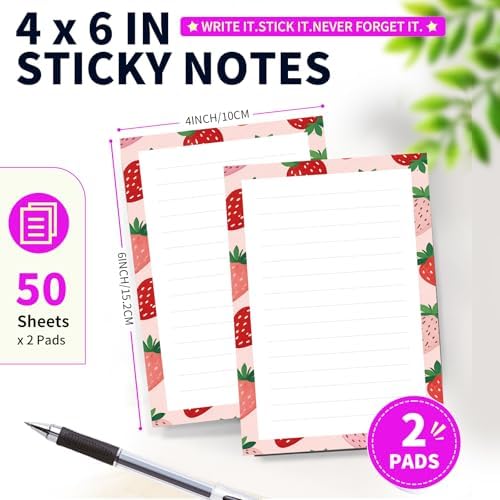 Lined Sticky Notes 4x6 in, 2 Pack Large Cute Notepads with Lines Self-Stick Note Pad, Funny Memo Pads Strong Adhesive for Office, Home Cute Red Strawberry