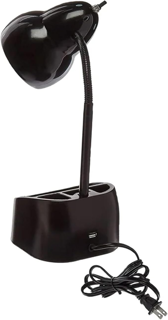 Globe Electric 6.3 x 6.69 x 10.63 Inches Goose Neck Desk Lamp with 10 Watt A-19 Non Dimmable LED Bulb, 2.1a USB Port and Organizer, Black