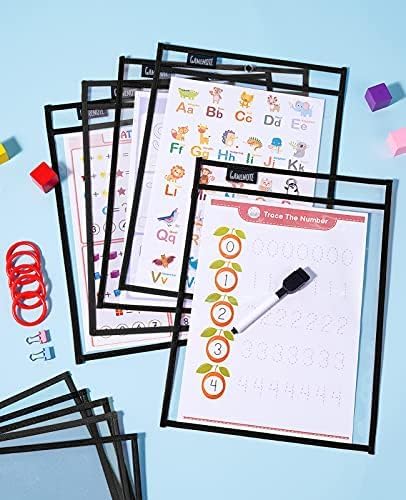 Gamenote Dry Erase Pockets 30 Pack with Rings, Oversized Reusable Plastic Sleeves Shop Job Ticket Holders Sheet Protectors Teacher Supplies Organization for Classroom Must Have, 10x14 Inches (Black)