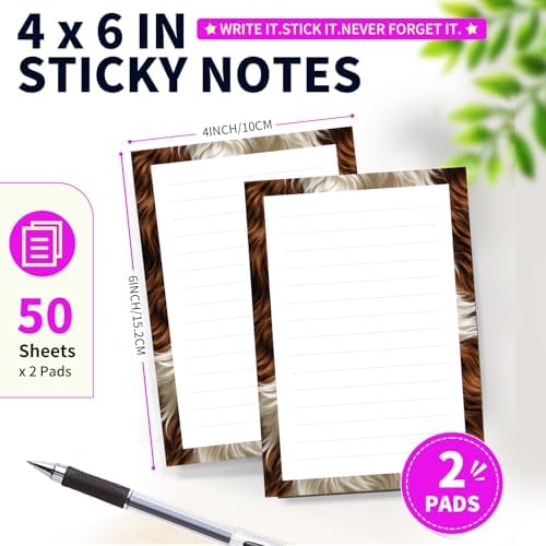 Lined Sticky Notes 4x6 in, 2 Pack Large Cute Notepads with Lines Self-Stick Note Pad, Funny Memo Pads Strong Adhesive for Office, Home Retro Brown Cowhide