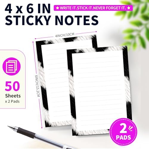 Lined Sticky Notes 4x6 in, 2 Pack Large Cute Notepads with Lines Self-Stick Note Pad, Funny Memo Pads Strong Adhesive for Office, Home Black White Cowhide