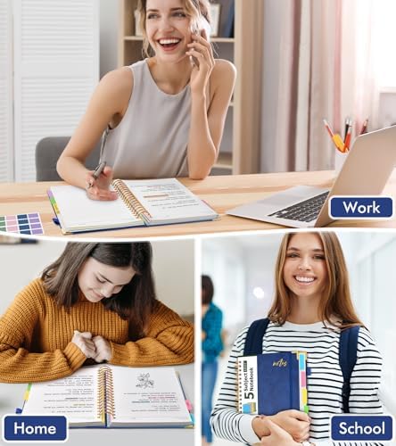 Hardcover Spiral Notebook Journal 8.5" x 11" Leather 5 Subject Notebook with Removable Dividers Tabs, 300 Pages Organizer Notebooks for Work School, College Ruled, Large Lined Journal for Women,Navy