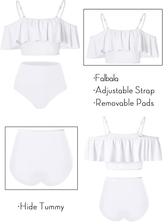 Kaei&Shi High Waisted Flounce Bikini Set,Tummy Control Swimsuits for Women,Off Shoulder