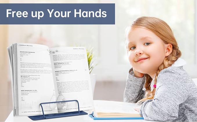 Honagu Book Stand Metal Desk Book Holder, Book Holders for Reading Hands Free, Adjustable Cookbook Documents Holder, Portable Bookstand for Music Books, Textbook, Recipe, Tablet, Ipad (Royal Blue)