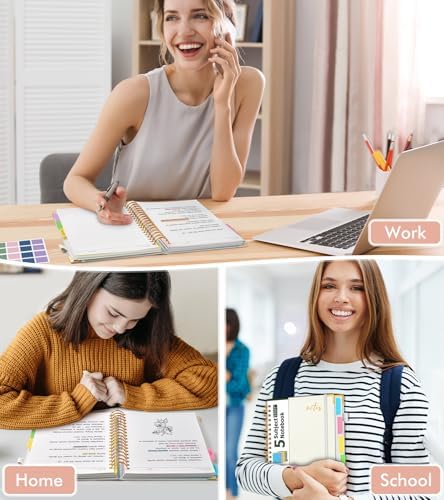 Hardcover Spiral Notebook 8.5"x11" Journal with Removable Dividers Tabs, 300 Pages Organizer Notebooks for Work School, Leather 5 Subject Notebook College Ruled, Large Lined Journal for Women,White