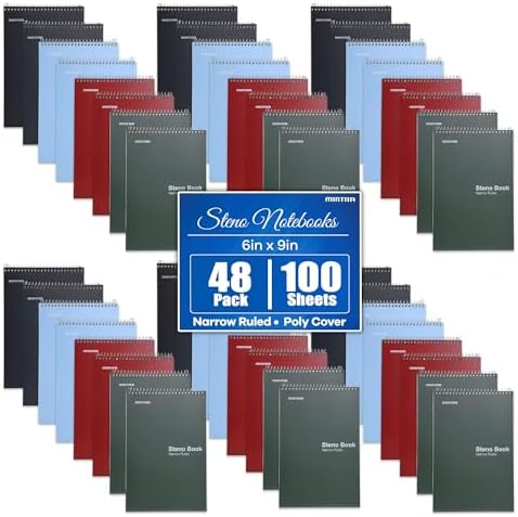 Mintra Office Steno Books Set - Top-Spiral Bound, Narrow Ruled, Poly Covered Notebooks for Office, School & Work, Note-taking, Colorful Arctic Ice, Green Olive, Charcoal, Chili Oil, 6"x9", 48 Pack
