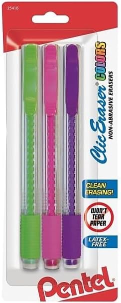 Pentel ZE21TBP3M Clic Eraser Pencil-Style Grip Eraser Assorted 3/Pack, Polyvinyl Chloride (PVC)