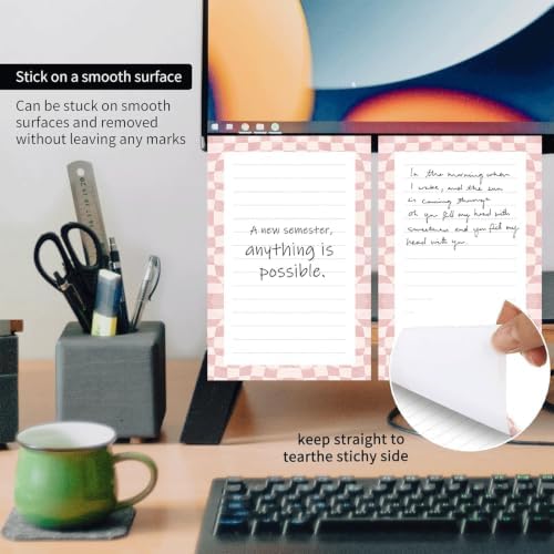 2 Pack Lined Sticky Notes 4x6 in, Cute Self-Stick Notepads with Lines, Large Memo Pads Strong Adhesive for Office, Home Pink White Checkerboard