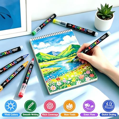 Acrylic Paint Markers Brush Tip 36 Colors, Soft Brush Tip Acrylic Paint Pens with Automatic Ink Control, Water-Based No-Bleed Paint Markers for Rock Painting Fabric Wood Ceramic Metal DIY Crafts