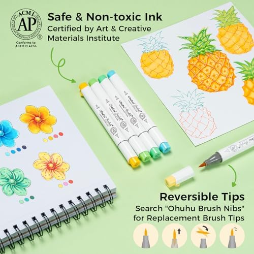 Ohuhu Alcohol Markers Brush& Chisel 24 Colors for Adult Coloring Refillable