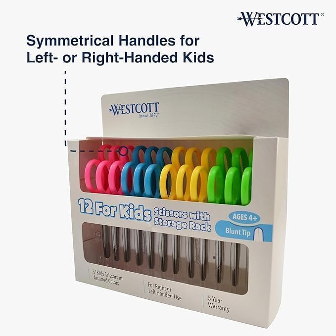 Westcott School Left and Right Handed Kids Scissors, 5" Blunt, Pack of 12, Assorted