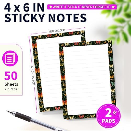Lined Sticky Notes 4x6 in, 2 Pack Large Cute Notepads with Lines Self-Stick Note Pad, Funny Memo Pads Strong Adhesive for Office, Home Cute Boho Butterfly
